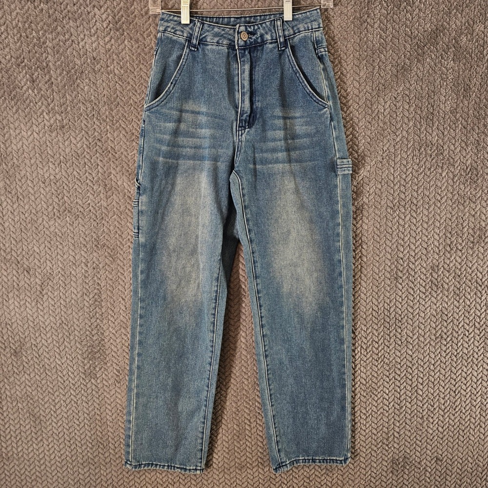Women High Waisted Carpenter Straight Leg Jeans Blue‎ Medium Wash H3E316 04